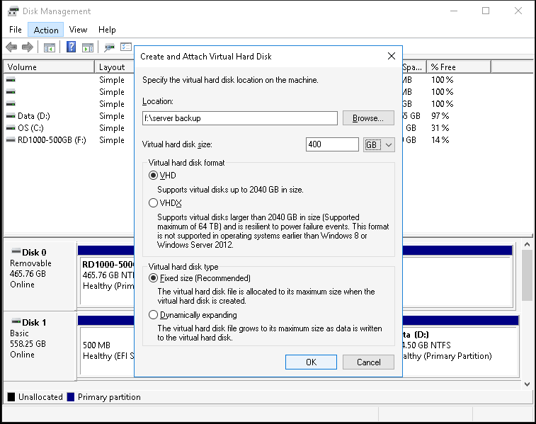Creating a VHD in Disk Management